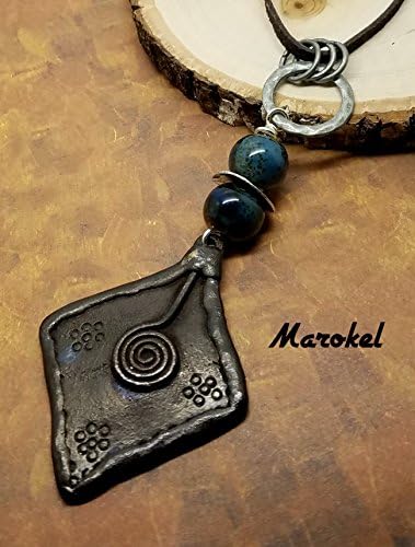 Blue Iron Necklace Speckled Blue Pottery Bead Iron Pendant Long Necklace