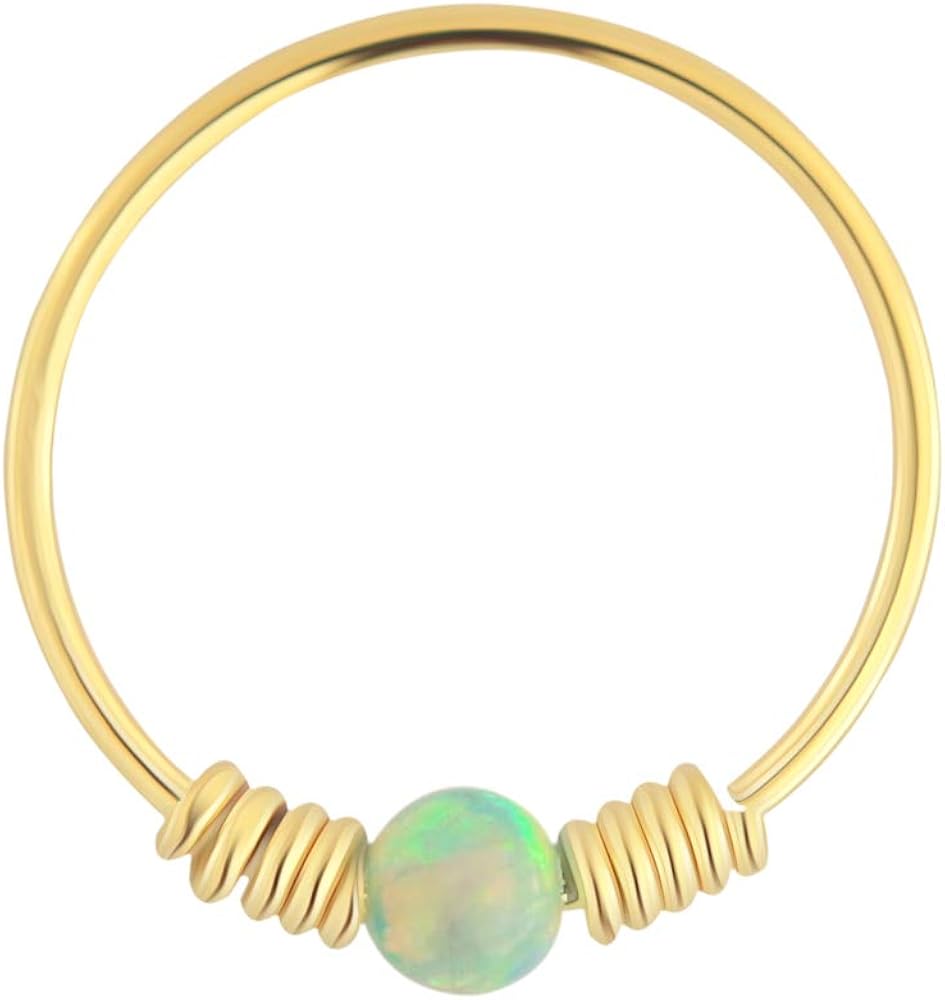 AZARIO LONDON 9K Solid Yellow Gold Light Green Opal Stone with Double Spring Coil 22 Gauge Hoop Nose Ring Tragus Helix Piercing