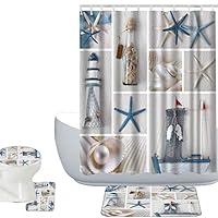 Amagical Summer Sea Stars Ship Bottle Seashell Pearl Blue Starfish 16 Piece Bathroom Mat Set Shower Curtain Set Bathroom Mat Contour Mat Toilet Cover Shower Curtain with 12 Hooks (Bottle Seashell)