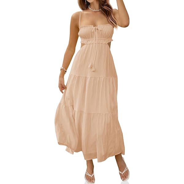 CHARTOU Women's Sexy Deep V Neck Pleated Maxi Dress Pocket Cutout Hollow Out  Beach Flowy Sundress (One Size,Army Green) at Amazon Women's Clothing store