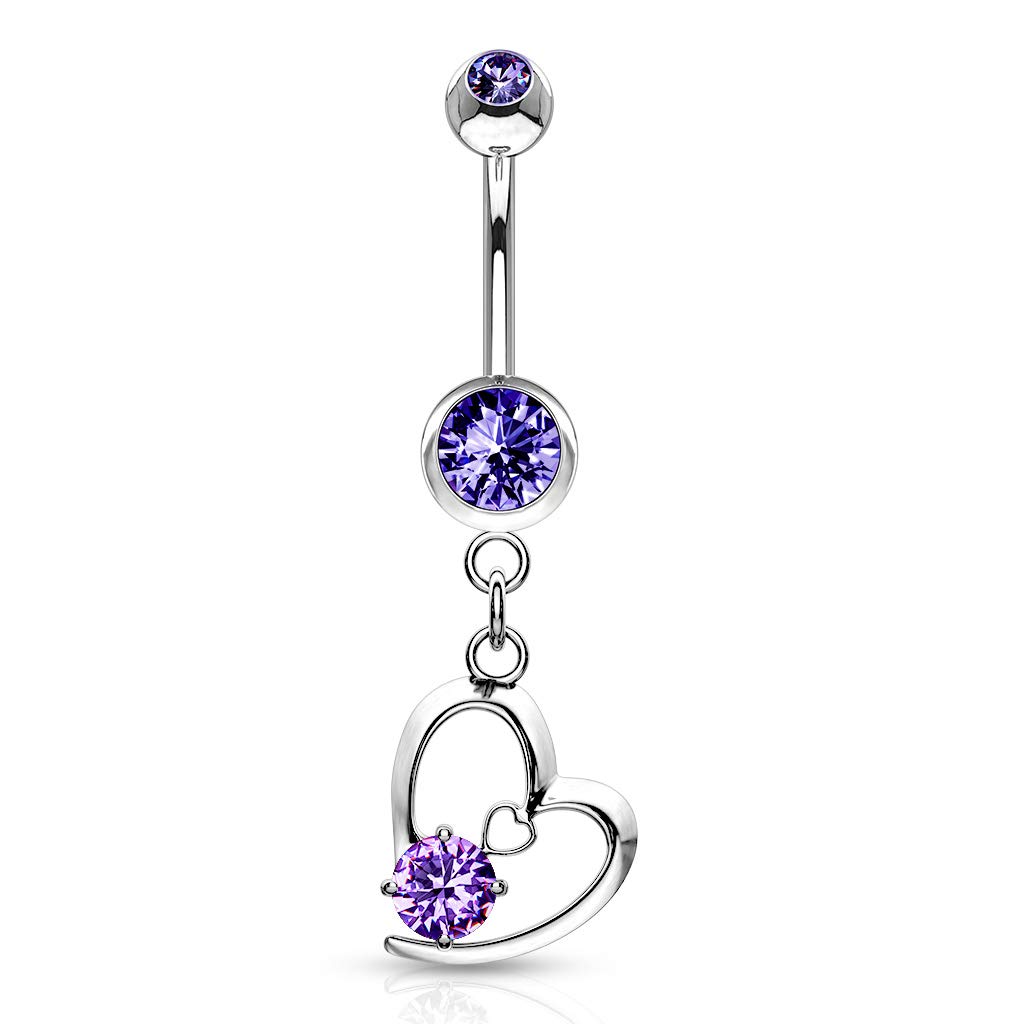 PiercedOff 316L Surgical Steel Tanzanite CZ Belly Bar with Tanzanite CZ Dangle - Thickness 14GA (1.6mm) / Length 10mm / Ball Size Top 5mm and 8mm Lower/Heart Dangle Size 12mm