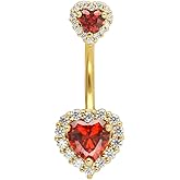 Excepro 14G(1.6mm) Double Heart Cubic Zirconia Navel Belly Button Ring 316L Stainless Steel Bar Piercing Jewelry
