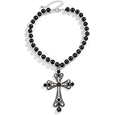 Pearl Cross Big Necklace for Women Gothic Gold Chunky Long Cross Pendant Necklaces Pearl Beads Chain Large Crucifix Dangle Punk Party for Women