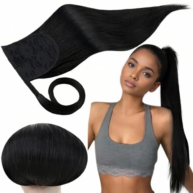 RUNATURE Human Hair Ponytail Extension Jet Black Clip in Ponytail Hair Extensions Real Hair Ponytail Extension Black Human Hair 16 Inch 80 Gram