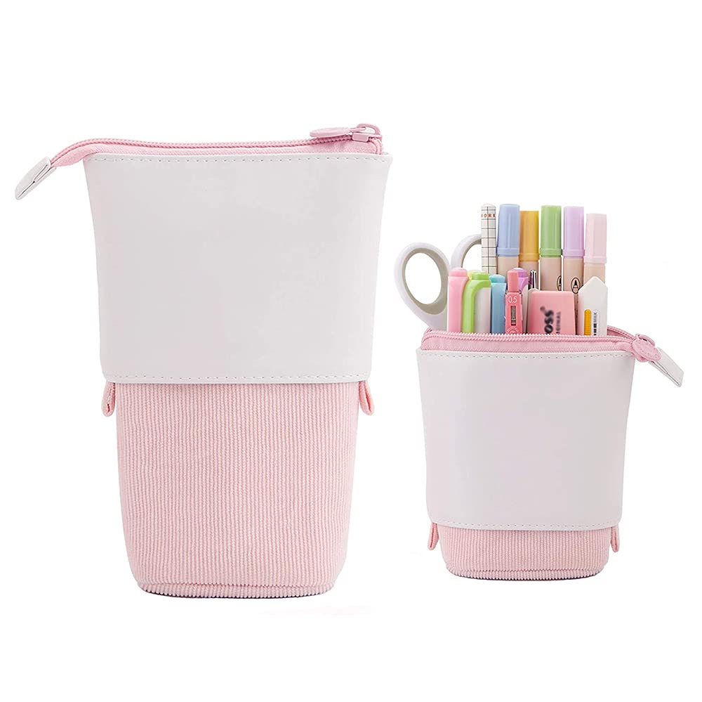 JZF Upright Pencil Case, Telescopic Pencil Holder, Stationery Pencil Bag, PU Corduroy Stand-up Pen Pouch Holder, Colorful Pen Organizer for Students Boys and Girls (Pink)