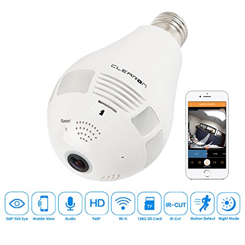 Wifi Light Bulb Camera - Night Vision Spy CAM for Home Security - 360Â° Panoramic Wireless Hidden Camera with LED White Lights and Infrared Lights - Check with Cell Phone Using IPC360 APP - by CLEARON