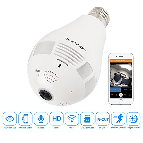 Wifi Light Bulb Camera - Night Vision Spy CAM for Home Security - 360° Panoramic Wireless Hidden Camera with LED White Lights and Infrared Lights - Check with Cell Phone Using IPC360 APP - by CLEARON