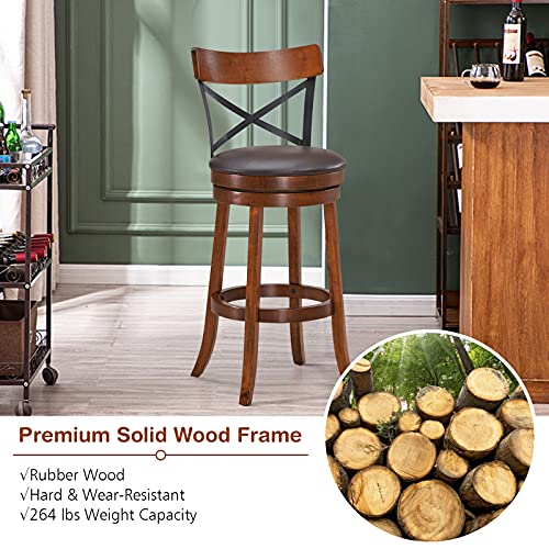 COSTWAY Bar Stool Set of 2, 360Degree Swivel Solid Wood Stools with Soft Cushion & Backrest, 29