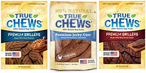 True Chews 100% Natural Premium Dog Treats 3 Flavor Variety Bundle: (1) Premium Jerky Cuts With Real Chicken, (1) Premium Steak Grillers, and (1) Premium Chicken Grillers, 4 Oz. Ea. (3 Bags)