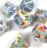Custom & Unique {Standard Medium} 7 Ct Pack Set of [D4, D6, D8, D10, D12, D20] Assorted Polyhedral Shapes Opaque Numbered Playing & Game Dice w/ Rainbow Swirl Design [Green & Yellow Colored] w/ Bag