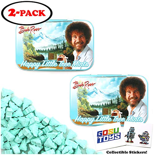 Bob Ross Happy Little Tree Mints Tin Candy (2 Pack) Peppermint Flavor Gift Stuffer with 2 GosuToys Stickers