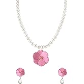 QIAOLEHUI Pearl Flower Choker Necklace for Women Floral Studs Earring Set Pendant Statement Necklace with Pearl Beads Jewelry for Women Her