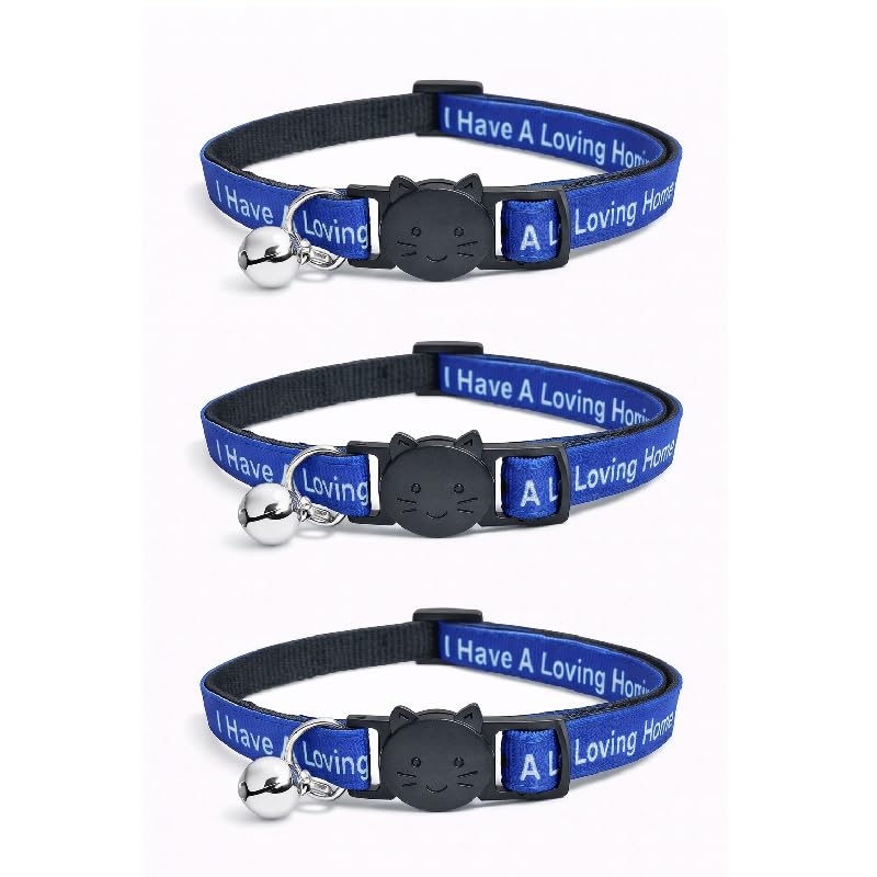 Worded Cat Collars with Bell – Please Do Not Feed Me, I Am Microchipped | Safe Quick Release Breakaway Buckle | Zacal Cat Collars (2. Blue, I Have A Loving Home, Pack of 3)
