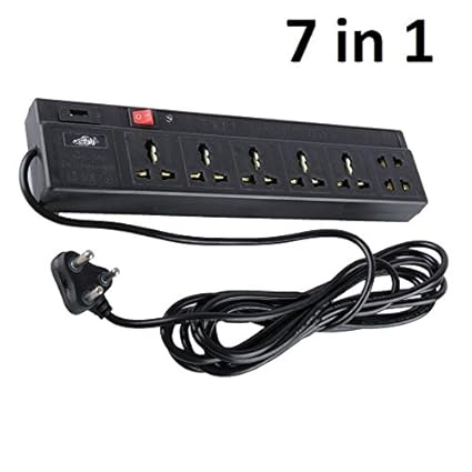 FPR 6 AMP-240 Volts 7 in 1 Extension Cord with Indicator (4 Meter Wire, Black)