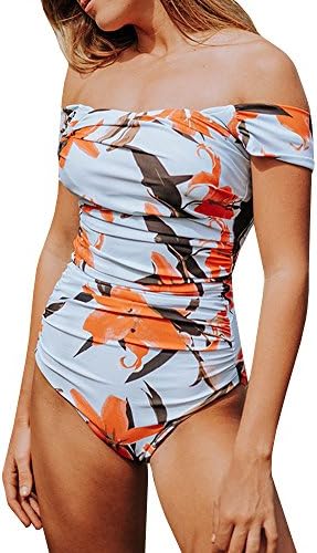 Nulibenna Women Floral Off The Shoulder One Piece Swimsuit Ruched Monokini Bathing Suits