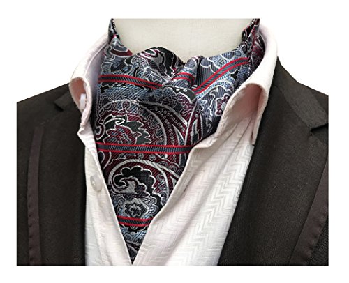 Men Grey Wine Red Silk Cravat Tie Paisley Stripe Ascot Hanky Neckties Gift Ideal