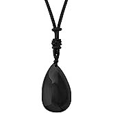 MINACHI Black Obsidian Teardrop Pendant Necklace with Braided Cord, Fashion Statement Jewelry Gift for Men and Women