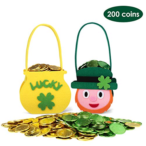 Unomor 2 pcs Felt St Patrick's Day Cauldron Pot with 200 pcs Coins for Saint Patricks Pot of Gold Party Supplies