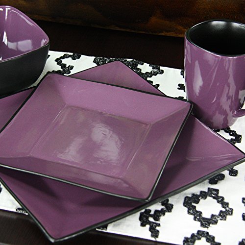 Elama Stoneware Square Dinnerware Dish Set, 16 Piece, Solid Purple