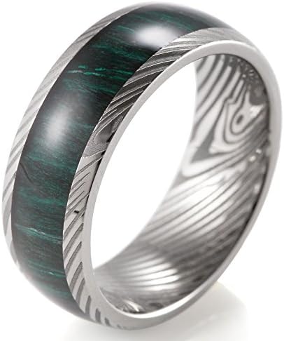 Men's 8mm Domed Damascus Stripes Titanium Ring with Green Wood Inlaid