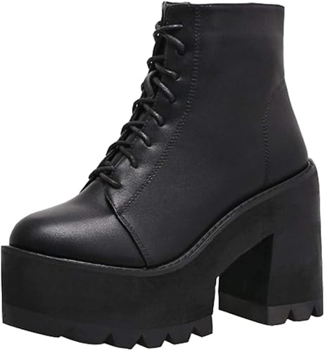 Amazon Yorkfine レースアップ ショートブーツ レディース 編み上げブーツ ショートブーティ 黒 ブーツ 10cm ショート レースアップブーツ 靴 ハイカット ミドルブーツ ラウンドトゥ 厚底ブーツ 22 5cm ブラック Yorkfine ブーツ ブーティ
