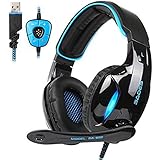 Sades SA902 PC Gaming Headset Wired USB 7.1 Channel Surround Sound Over Ear Computer Stereo Headphones with Microphone Noise Canceling Volume Control and LED Light (Black/Blue)