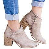 FISACE Women's Round Closed Toe Western Inside Zipper Stacked Low Heel Ankle Booties