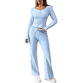 Herseas Women's 2 Piece Outfits Long Sleeve Button Down Tops Flared Pants Tracksuits Casual Lounge Set