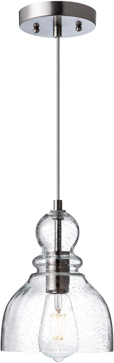 LANROS Industrial Pendant Lighting with Handblown Clear Seeded Glass Shade, Adjustable Cord Farmhouse Lamp Ceiling Pendant Light Fixture for Kitchen Island Kitchen Sink, Brished Nickle, 1 Pack - - 