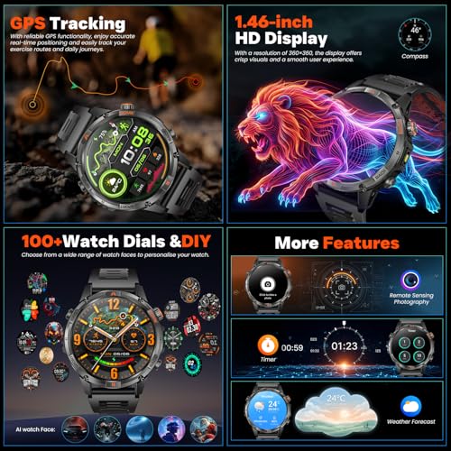 GPS Smartwatch Men's Watch with Calls: 1.46 Inches Large Round Screen Military Smart Watch Fitness Sport Compass Flashlight Heart Rate Monitor Pressure Sleep Waterproof Health Watches for Android iOS