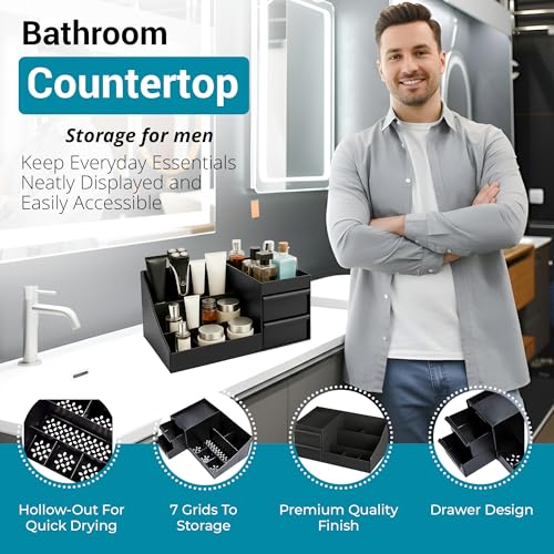 SEOSI Cologne Organizer for Men,Bathroom Organizers Shaving Tools Men,Perfume Organizer with Drawer,Dresser Organizer Countertop for Men's Bedroom Essentialsnd storage, bathroom decor (Black, Medium)