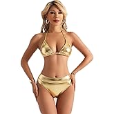 THSCWY Women Metallic Bikini Set Two Piece Swimsuit Shiny Silver Gold Bathing Suit Triangle Bikini Tops and Bottom Set