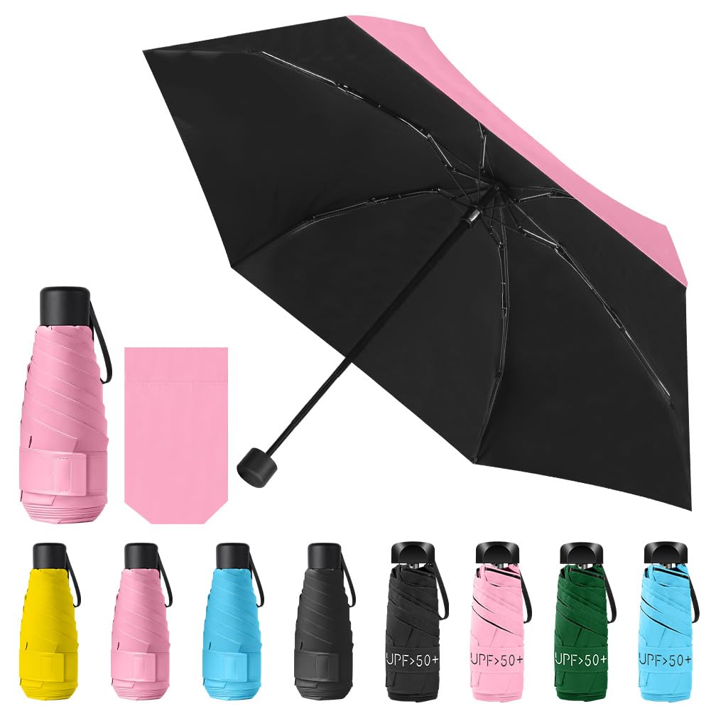 Vicloon Mini Travel Umbrella, Small Compact Umbrella with UPF50+ Protection, 210T Black Rubber Cloth & 6 Aluminum Alloy Ribs Folding Umbrellas, Lightweight Tiny Pocket Umbrellas (Pink)