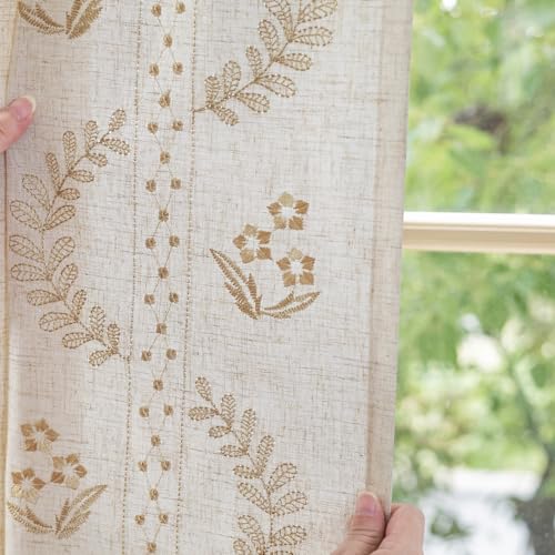 JINCHAN Linen Curtains for Bedroom Floral Curtains 84 Inch Length Linen Blend Beige Embroidered Drapes Farmhouse Flower Patterned Drapes for Living Room Window Treatments Set 2 Panels