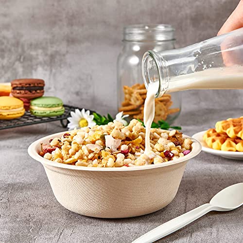 SYOSI Compostable Bowls, 12oz Disposable Paper Bowls, Biodegradable Soup Bowls Made of Natural Bagasse, Eco-Friendly Sugarcane Bowls for Salad Wheat Flakes 100 Pack (Nature)