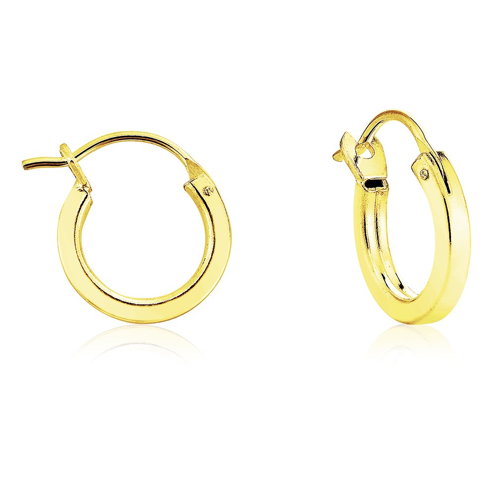 DTPSilver - 925 Sterling Silver Yellow Gold Plated Small/Medium/Large size Square Hinge Hoops/Sleepers/Creole Earrings - Thickness 2 mm - Diameter 14 mm