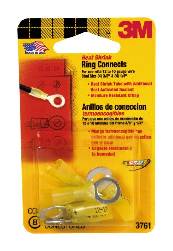 3M 3761 12 to 10-Gauge Heat Shrink Ring Electrical Connectors, Yellow, 8-Pack