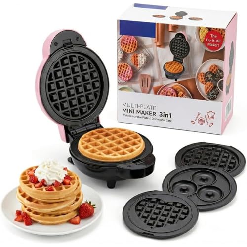 Máquina de Waffle e Donuts 110V 3 em 1 Mini - Waffleira Elétrica Compacta com Placas Removíveis com Formato Coração Laváveis em Lava-Louças, para Waffle, Donuts, para Café da Manhã Lanches, Sobremesas