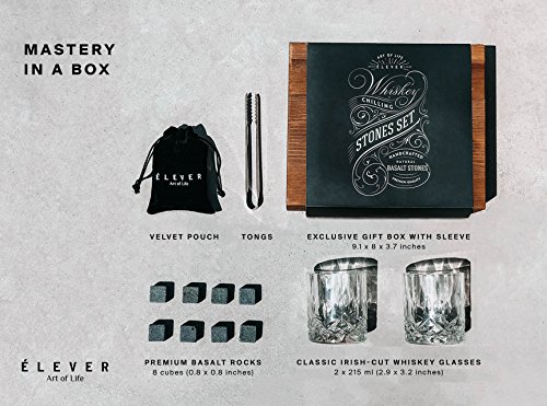 Whiskey Glasses and Stones Gift Set - Luxury Drink Kit with Premium Basalt Chilling Rocks (8 cubes), Glasses of 2, Tongs, Velvet bag in Exclusive Wood Decor Box - for wine, bourbon, scotch - by ÉLEVER