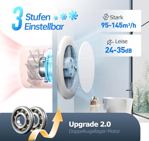 SBONNI 3 Levels Bathroom Fan with Humidity Sensor Temperature Sensor Timer, Bathroom Fan 100 mm with Remote Control, Real Time Display Humidity and Temperature, Powerful Quiet Extractor Fan P109