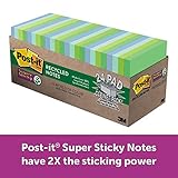 Post-it Super Sticky Recycled Notes, Cool Hues, 2X the Sticking Power, Call out Important Information, Large Pack, 67% Plant-Based Adhesive by Weight, 3 in. x 3 in, 24 Pads/Pack, (654-24SST-CP)