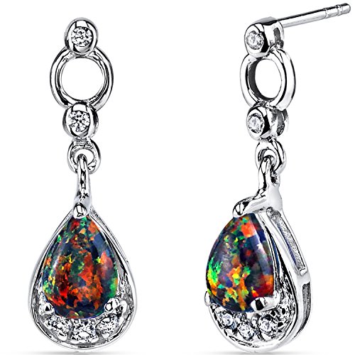 Peora Created Black Fire Opal Earrings in Sterling Silver, Open Halo Dangle, Teardrop Pear Shape, 8x5mm, 0.75 Carat total, Friction Back