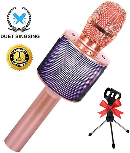 Wireless Bluetooth Karaoke Microphone for Kids Adults Family Singing with LED Lights Speaker Holder for iPhone Android iPad PC Portable Microphones for Singing Home KTV Party - Rose Gold (1 PCS)