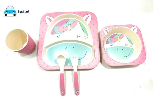 FunBlast (Set of 5 Pcs) Bamboo Fiber Eco-Friendly Kids Feeding Set, Bamboo Fibre Dinner Set for Kids (Unicorn2)