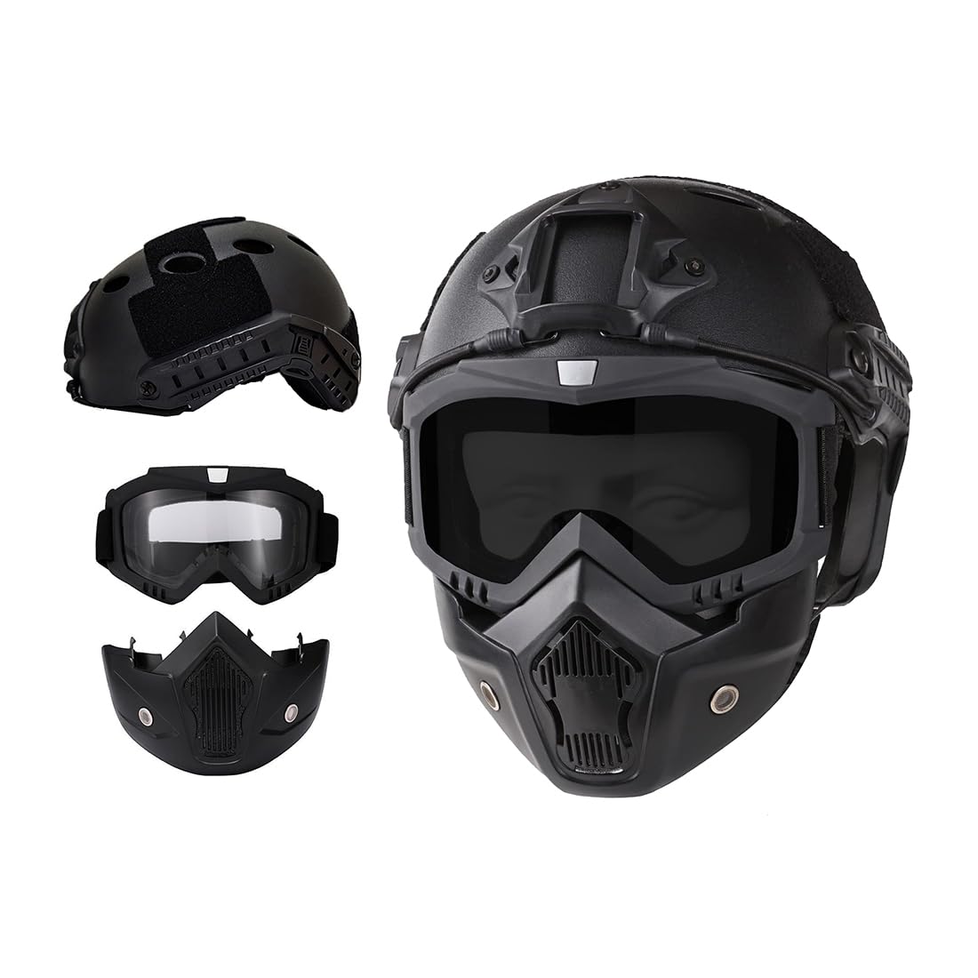 Airsoft Helmet and Full Face Mask, Detachable Airsoft Goggles,Paintball PJ Fast Helmet with Front NVG Mount and Side Rail