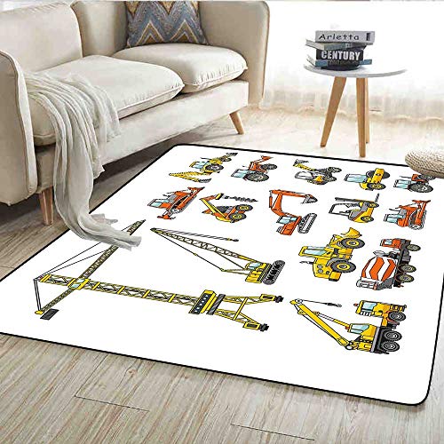 Floor Mat,Cartoon Heavy Equipment and Machinery Industry Building Transportation,Rugs for Bedroom,Yellow Orange Grey 48"x60"