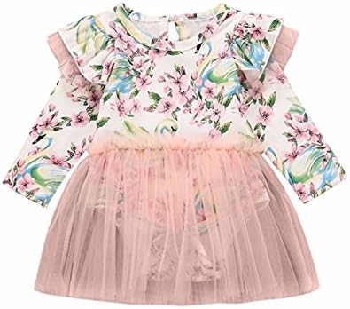 GSHOOTS Baby Girls' Floral Printed Ruffle Sleeve Romper With Tulle Tutu (80/6-12 Months, Swan Blossom)