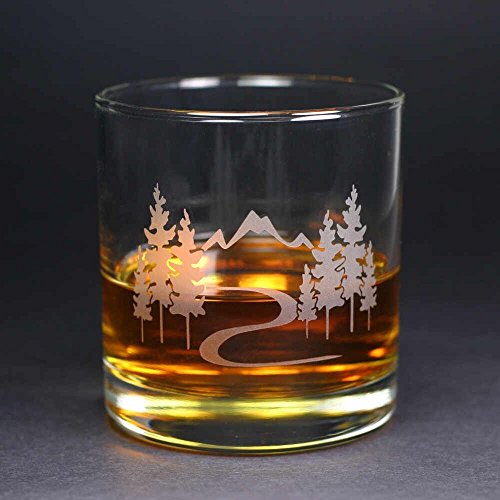 MOUNTAIN TRAIL HIKING Lowball Glasses set of 2 - Dishwasher-safe etched whiskey glass