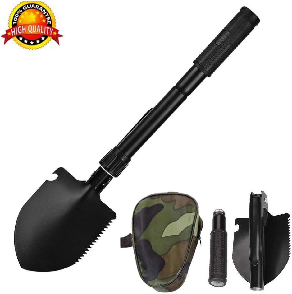 BOBKY Military Folding Shovel Multi-Function Tool with Carrying Pouch Portable Survival Spade Kit for Camping Gardening Hiking Backpacking Outdoor