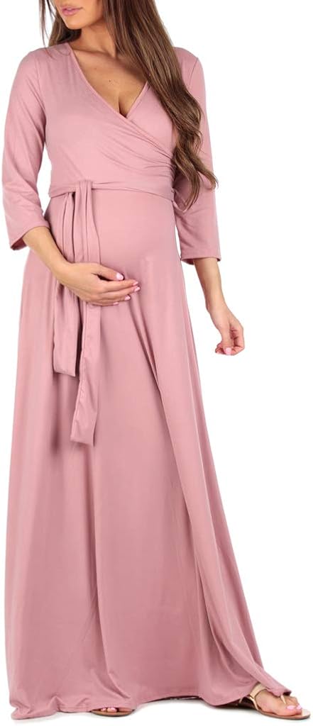 Mother Bee Maternity Faux Wrap Maternity Dress with Adjustable Belt for Baby Shower Or Casual Wear at  Women’s Clothing store